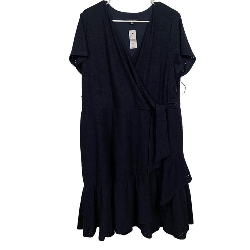 NWT Lane Bryant Plus Size Navy Midi Ruffle Tie Waist Dress
